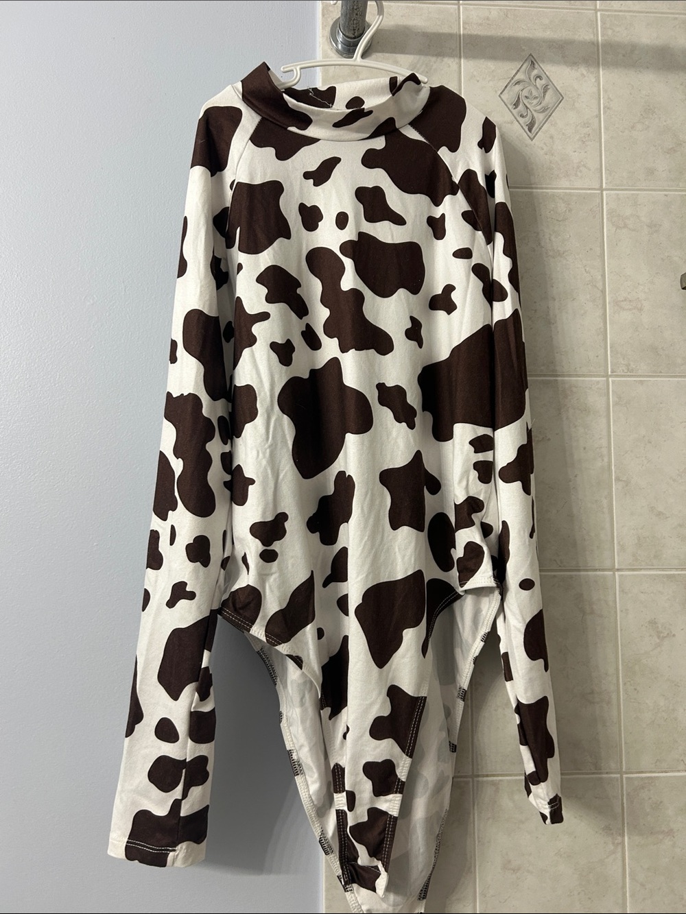 Cow-Print Brown & White Turtleneck Sweater Bodysuit